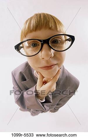 Stock Image - people, hand, suit, eyeglasses, girl, business, contemplation. Fotosearch