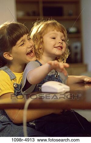 Stock Image - people, mouse, computer, joyous, children, using, girls. Fotosearch