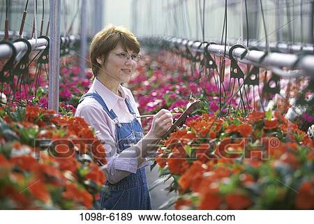 Stock Photo - people, plants, industry, woman, eyeglasses, flowers, agriculture. Fotosearch