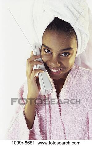 people, telephone, talking, phone, towel, robe, bath View Large Photo Image Stock Image - people, telephone, talking, phone, towel, robe, bath. Fotosearch
