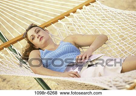 people, woman, daydreaming, hammock, book, outdoors View Large Photo Image Stock Photo - people, woman, daydreaming, hammock, book, outdoors. Fotosearch