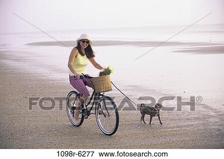 Stock Photo - people, woman, walking, dog, bicycle, pet. Fotosearch