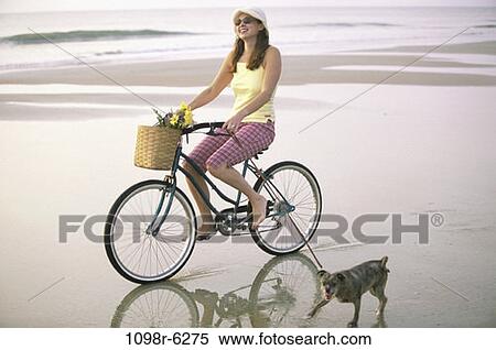 Stock Photography - people, woman, walking, dog, bicycle, pet. Fotosearch