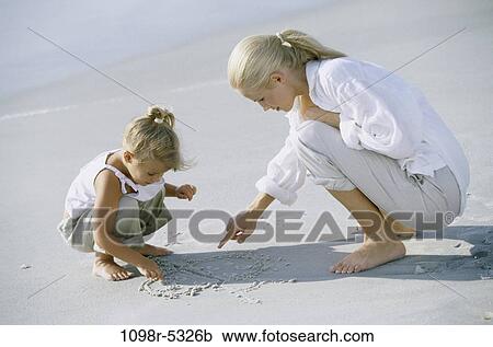 Stock Image - sand, people, playing, mother, beach, family, blond. Fotosearch