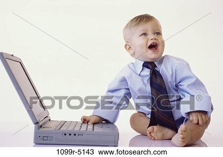 Stock Image - tie, baby, laptop, laughing, business, future, using. Fotosearch