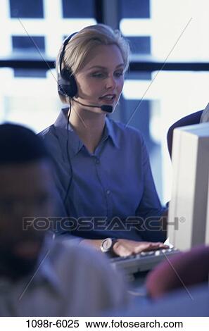 Stock Photography - woman, headset, computer, business, blond, using, casual. Fotosearch