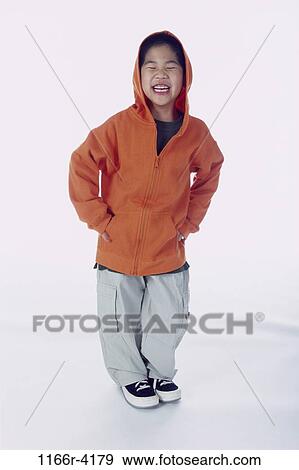 Stock Photo - people, Asian, boy, jacket, child, posing, hood. Fotosearch