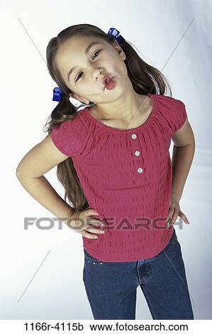 Stock Image - people, girl, lips, child, funny, humor, brunette. Fotosearch