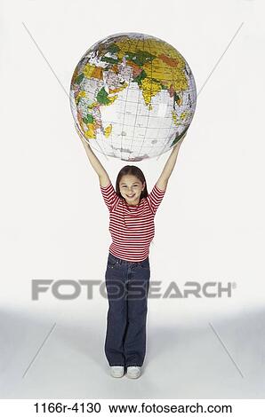 Stock Image - people, globe, Asian, holding, girl, child, education. Fotosearch