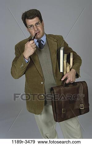 Stock Photo - people, smoke, briefcase, teacher, eyeglasses, books. Fotosearch
