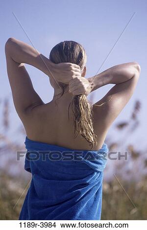 Picture - people, woman, outdoors, towel, beauty, Caucasian. Fotosearch