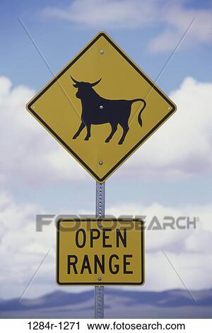 Stock Image - bull, clouds, sign, caution, signage, Signage uprights. Fotosearch