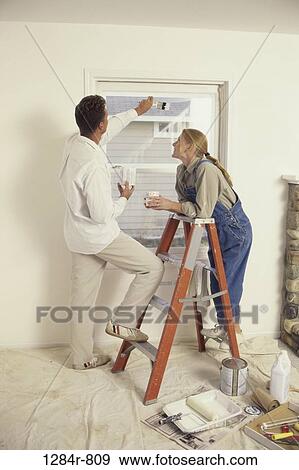 home, painting, ladder, couple, window, paint View Large Photo Image Stock Photo - home, painting, ladder, couple, window, paint. Fotosearch
