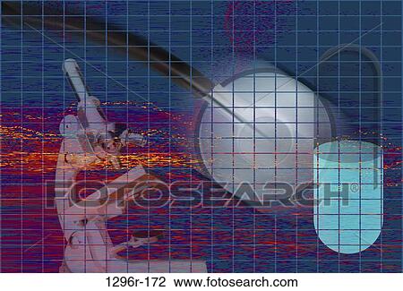 Stock Image - industry, pill, stethoscope, microscope, research, health. Fotosearch