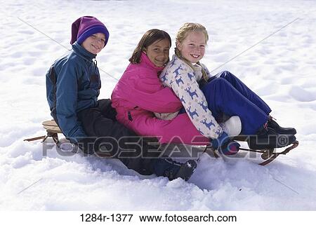 Stock Photo - multiethnic, people, snow, winter, outdoors, friends. Fotosearch