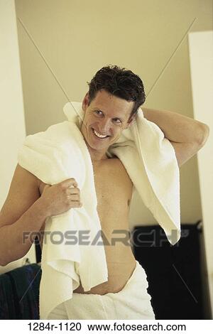 Stock Image - people, Middle-aged, towel, indoors. Fotosearch