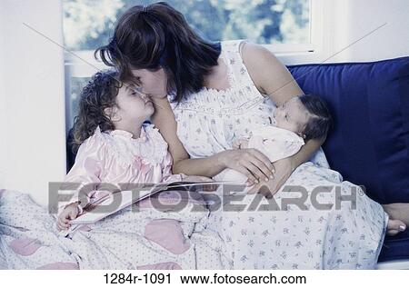 Stock Image - people, mother, book, family, affection, love. Fotosearch