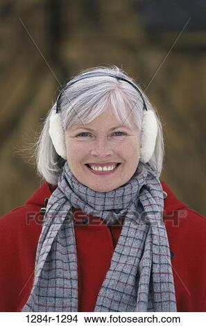 Picture - people, woman, senior, cold, outdoors, scarf. Fotosearch