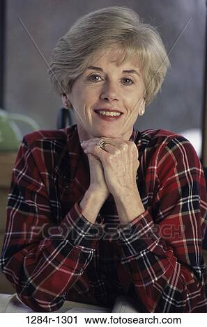 Stock Image - people, woman, senior, portrait, plaid, indoors. Fotosearch