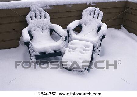 Stock Image - snow, winter, cold, nature, chairs, covered. Fotosearch