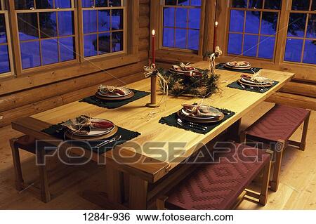 Stock Photograph - table, Christmas, setting, candles, still life, indoors. Fotosearch