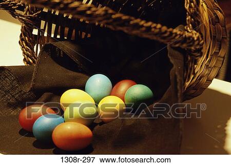 Stock Photo - , basket, Easter, still life, dyed, eggs. Fotosearch