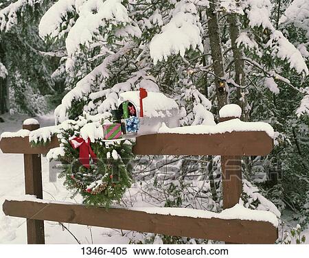 Stock Photography - , fence, snow, mailbox, Christmas, cold. Fotosearch