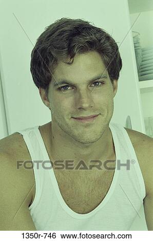 Stock Photograph - people, smiling, smile, brunette, undershirt. Fotosearch