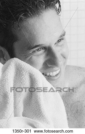 Stock Image - people, towel, beauty, black and white, brunette. Fotosearch