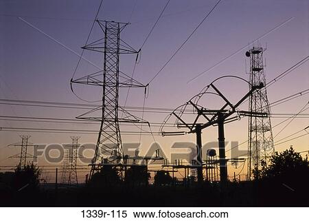 Stock Photography - plant, industry, dusk, evening, silhouette, towers, cables. Fotosearch