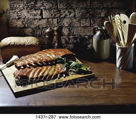Stock Photo - bread, food, still life, cutting board, barbecue, meat. Fotosearch