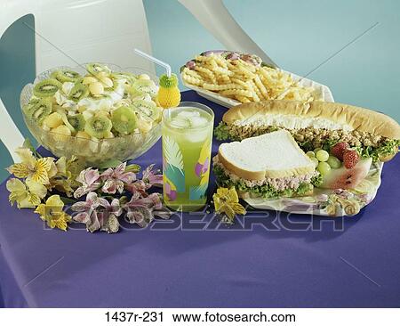 Stock Image - choices, french fries, salad, food, lunch, still life. Fotosearch