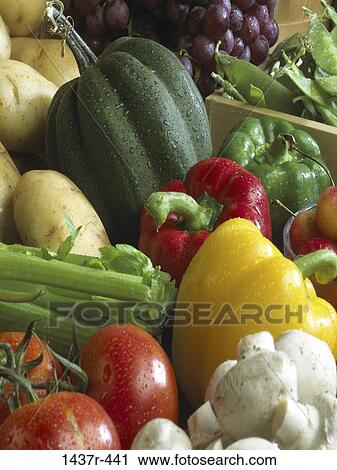 Stock Image - grapes, mushrooms, raw, fruit, vegetables, food, still life. Fotosearch