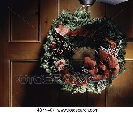 hanging, door, Christmas, festive, wreath, still life View Large Photo Image Stock Photo - hanging, door, Christmas, festive, wreath, still life. Fotosearch