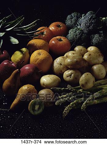 Picture - healthy, fruit, asparagus, broccoli, vegetables, food, still life. Fotosearch