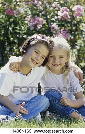 Stock Image - people, outdoors, friends, children, girls, Caucasian. Fotosearch