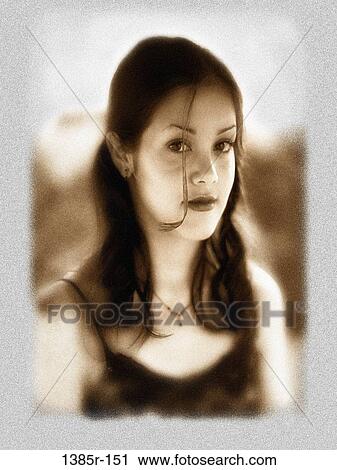 Stock Image - people, woman, outdoors, brunette, soft focus, Caucasian. Fotosearch