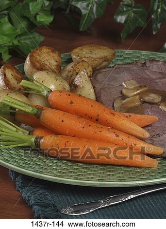 Picture - plate, dinner, food, still life, carrots, meat. Fotosearch