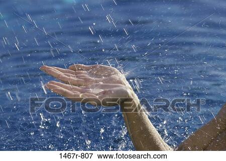 Stock Photo - hand, hands, water, rain, splash, body parts. Fotosearch