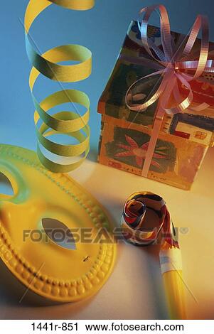 party, mask, festive, streamers, gift, present, still life View Large Photo Image Stock Image - party, mask, festive, streamers, gift, present, still life. Fotosearch