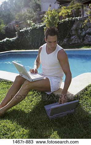 people, pool, computer, laptop, typing, outdoors View Large Photo Image Stock Image - people, pool, computer, laptop, typing, outdoors. Fotosearch