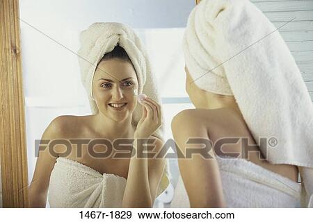 people, woman, face, mirror, makeup, towel View Large Photo Image Stock Photo - people, woman, face, mirror, makeup, towel. Fotosearch