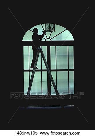 Stock Photography - people, industry, ladder, window, silhouette, cleaning. Fotosearch