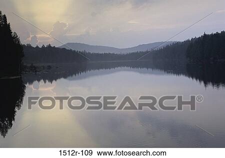 Stock Photo - reflection, water, morning, still, calm, trees. Fotosearch