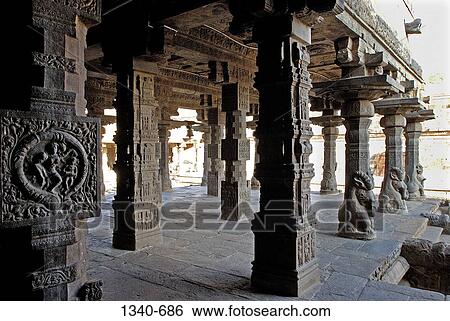 Stock Photograph - Carvings on the columns at the mandapam of a temple, Airavatesvara Temple, Darasuram, Thanjavur District, Tamil Nadu, India. Fotosearch