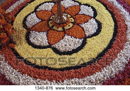 Close-up of a Pookalam the floral decoration during Onam festival, Kerala, India View Large Photo Image Stock Photograph - Close-up of a Pookalam the floral decoration during Onam festival, Kerala, India. Fotosearch