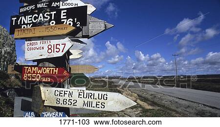 Stock Image - Close-up of directional signs, Port Stanley, Falkland Islands. Fotosearch