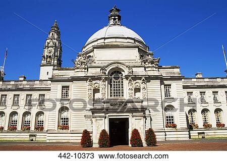 Stock Image - Facade of a government building, City Hall, Cardiff, Monmouthshire, Wales. Fotosearch