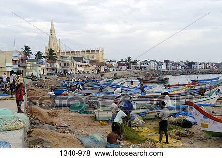 Fishing boats at a harbor in front of a church, Our Lady of Ransom, Kanyakumari, Tamil Nadu, India View Large Photo Image Stock Photo - Fishing boats at a harbor in front of a church, Our Lady of Ransom, Kanyakumari, Tamil Nadu, India. Fotosearch