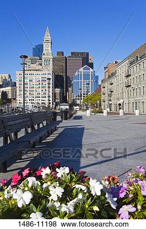 Stock Photo - Flowers near benches on a sidewalk, Long Wharf, Boston Harbor, Boston, Massachusetts, USA. Fotosearch